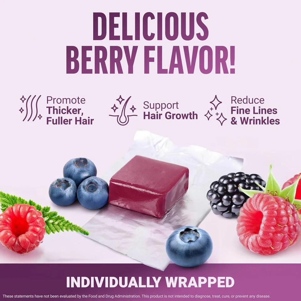 Hair Growth Soft Chews Thicker Stronger Hair 60 Mixed Berry Reduce Wrinkles++++-