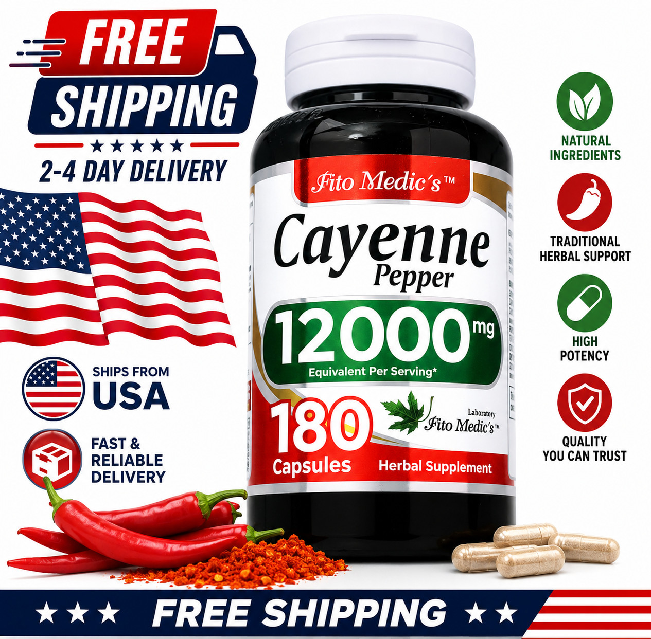 Cayenne Pepper Capsules | Cayenne Pepper Pills | 60 Serving | 180 Capsules
