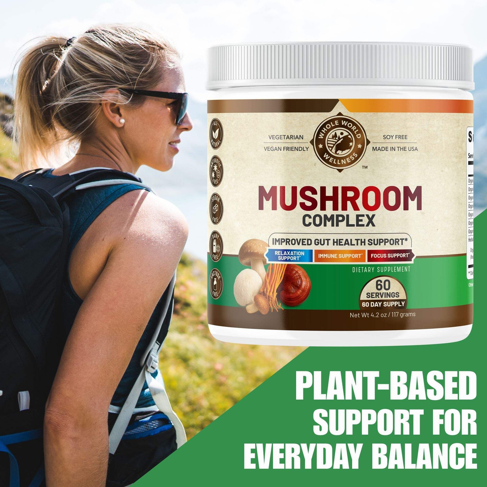 WHOLE WORLD WELLNESS Organic Mushroom Complex Powder Supplement. USA Made.