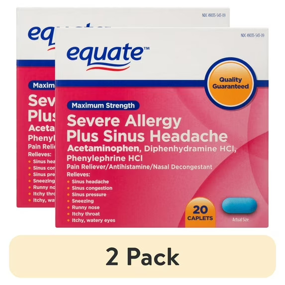 2 Pack Equate Maximum Strength Severe Allergy Plus Sinus Headache Caplets, 20 Ct