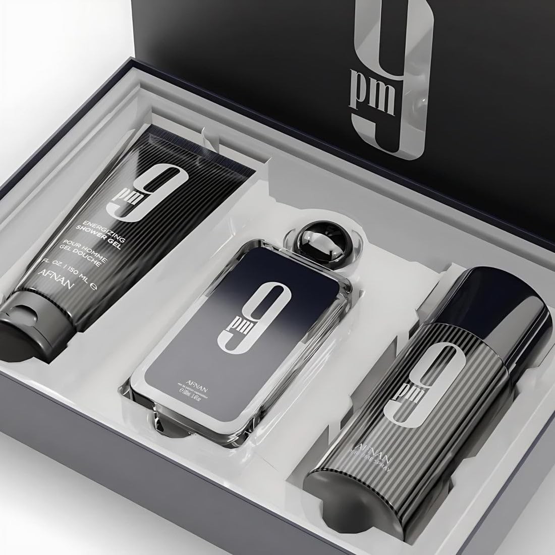 Afnan 9 Pm 3 Piece Set For Men 3.4 Oz De Parfum Eau De Parfum 5.0 Oz Shower Gel