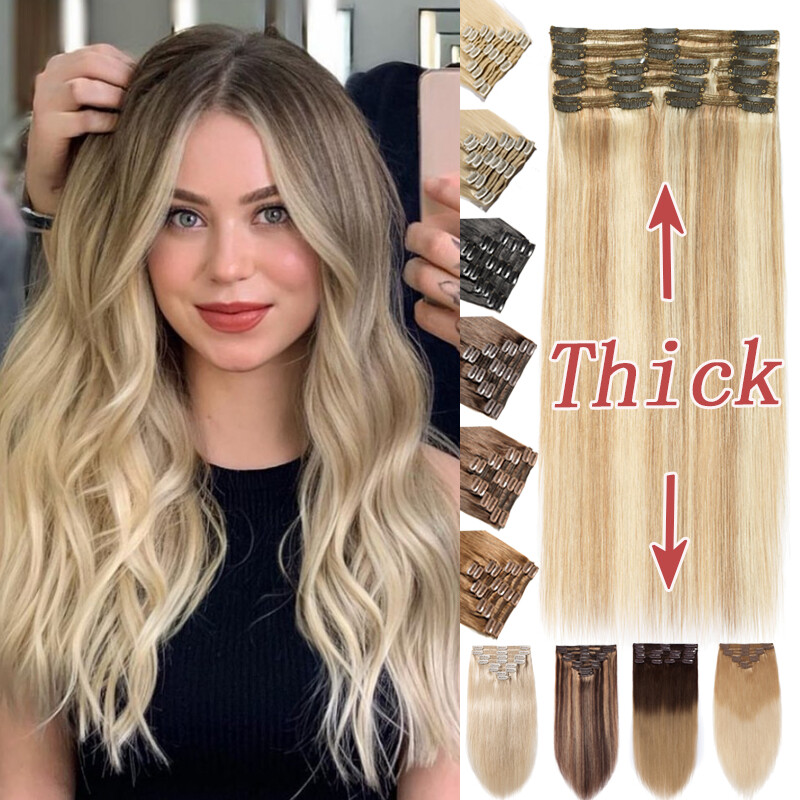 10-24inch Thick Double Weft Clip In 100% Remy Human Hair Extensions Full Head US