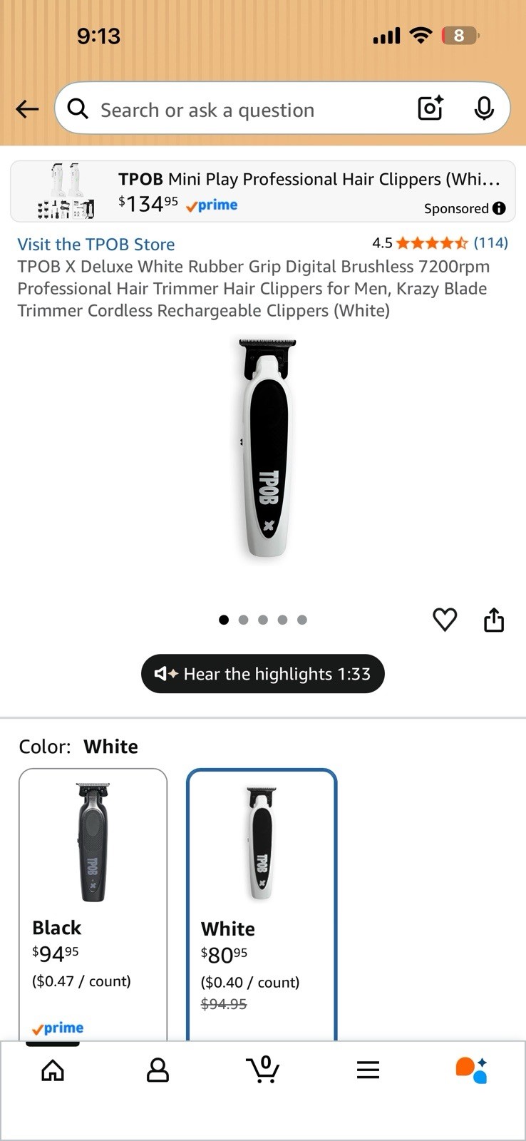 TPOB X Deluxe Men’s Hair Trimmer T-Blade Cordless Rechargeable White/Black