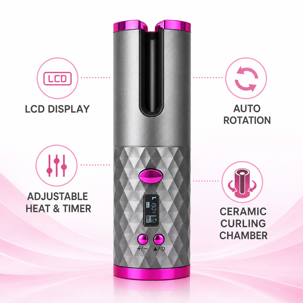 Cordless Automatic Hair Curler Ceramic Curling Iron LCD Display USB Rechargeable