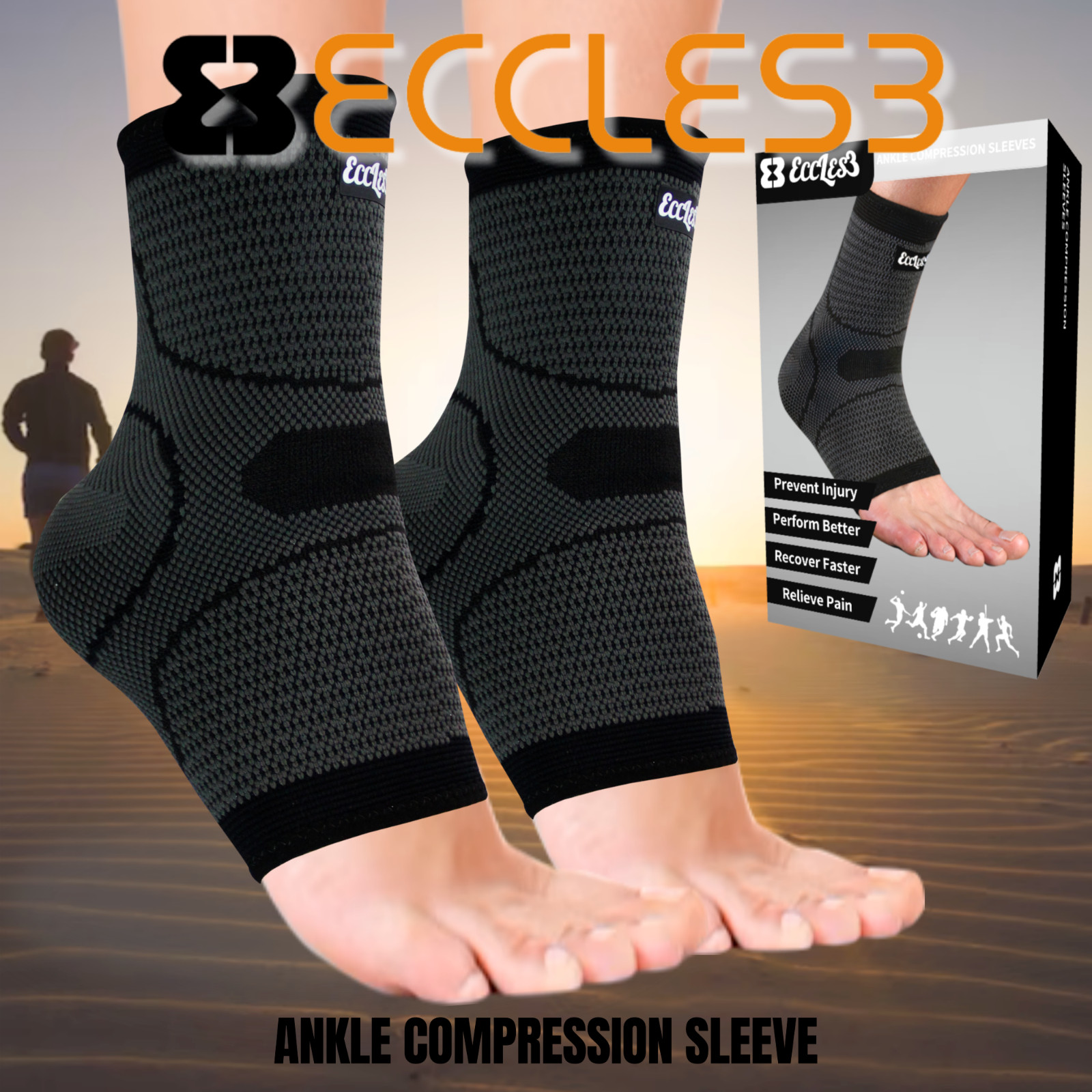 ECCLES3 – 2 Pack – Ankle Compression Sleeves for Pain – Unisex, Men, Women
