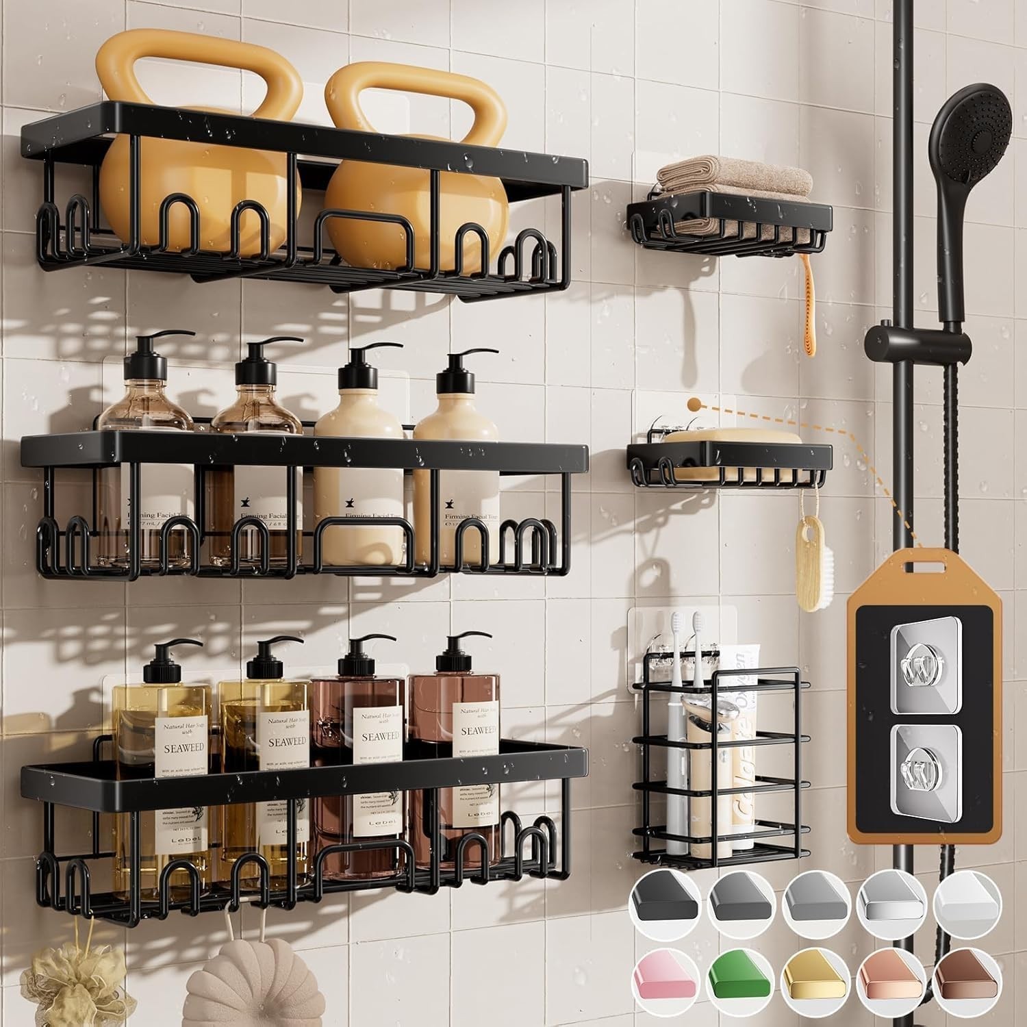 Veken Shower Caddy 6-Pack, 6-Piece Set with Hooks (Rustproof Upgrade), Black