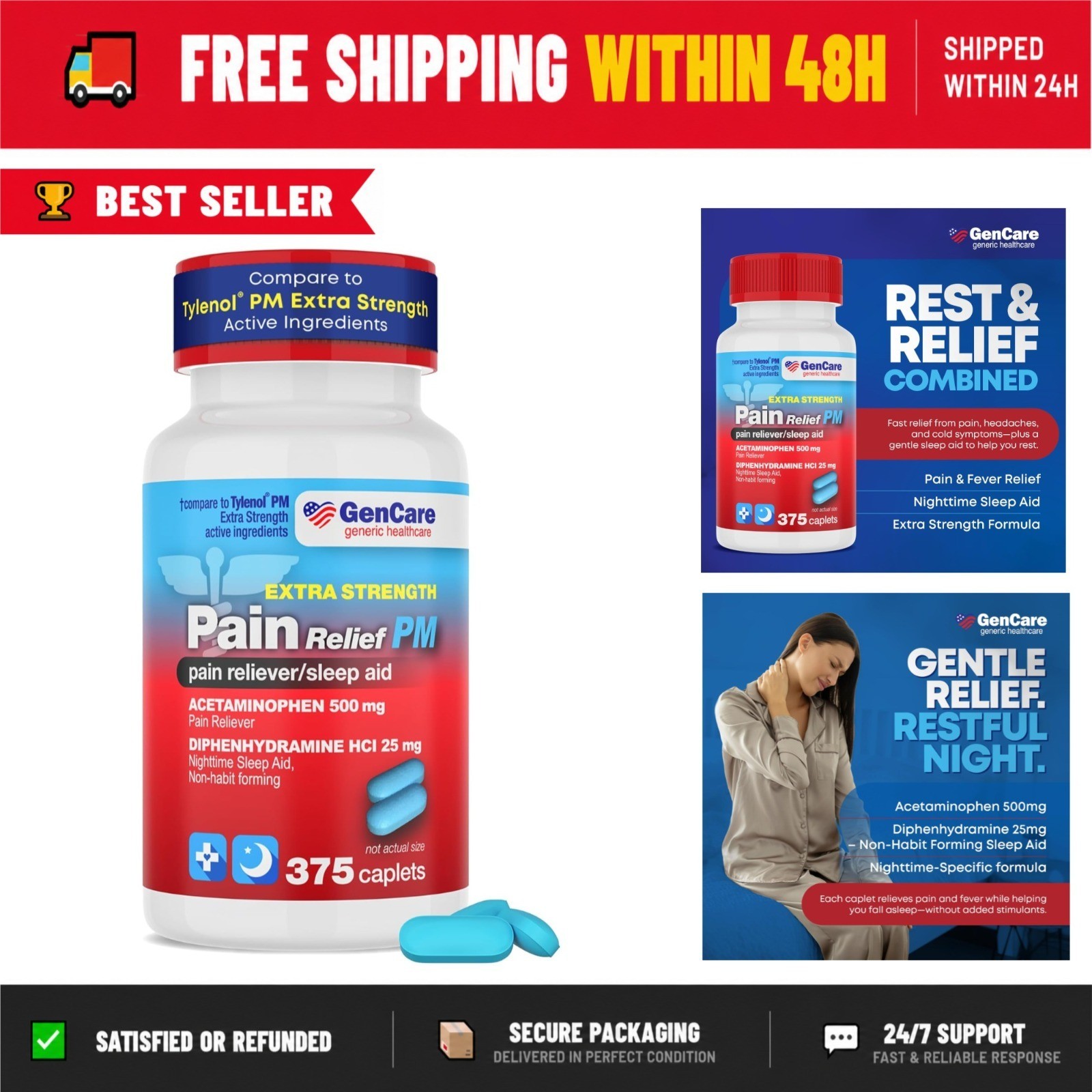 Extra Strength Acetaminophen PM 500 mg – 375 Tablets for Pain Relief