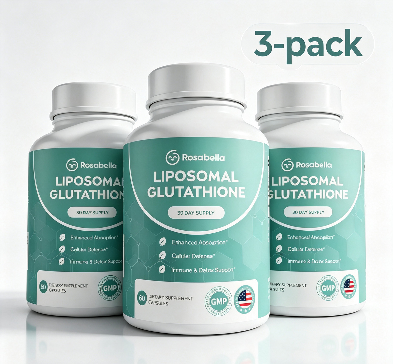 Rosabella Liposomal Glutathione 500mg – 3-Bottle Set (60 Caps Each), High Absorp