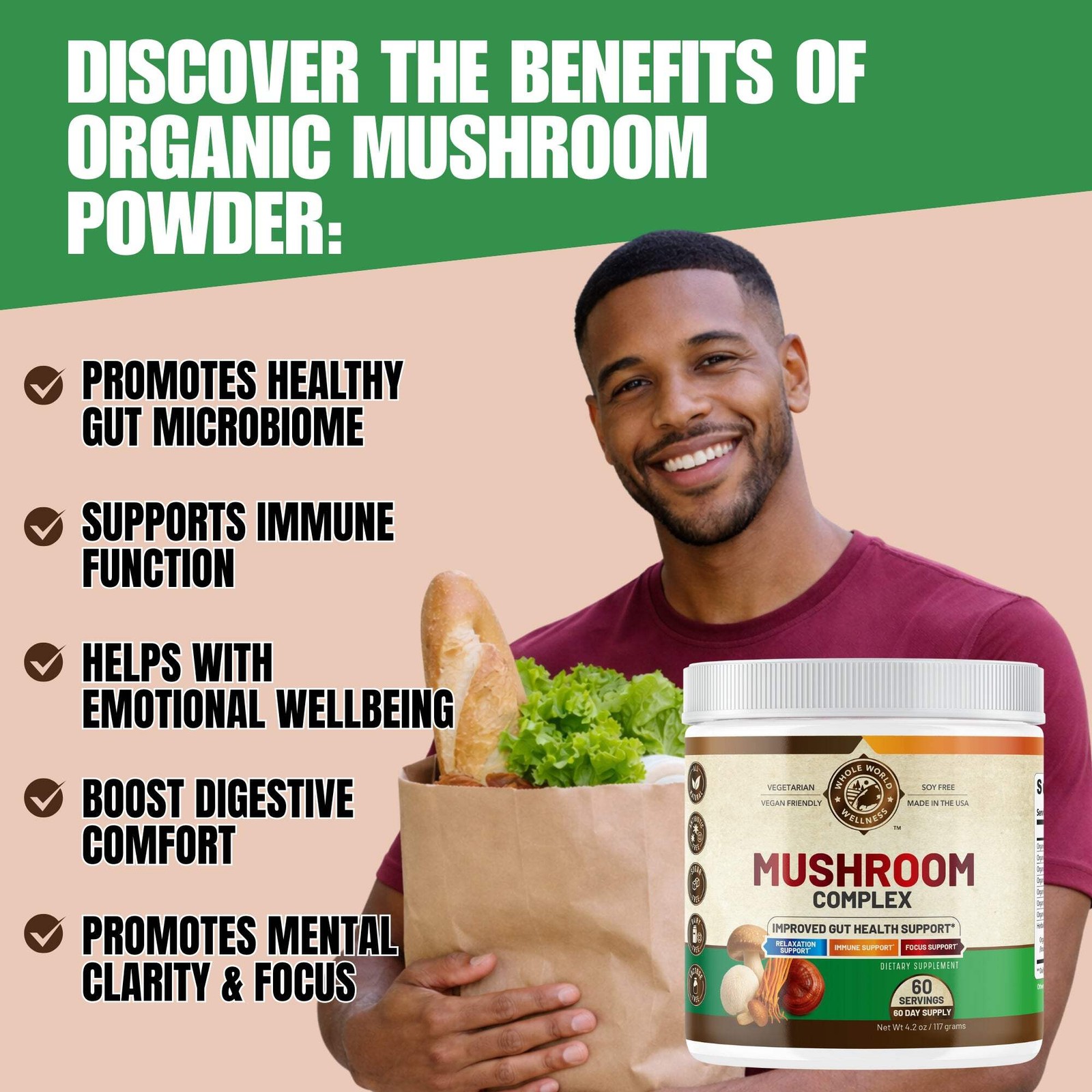 WHOLE WORLD WELLNESS Organic Mushroom Complex Powder Supplement. USA Made.