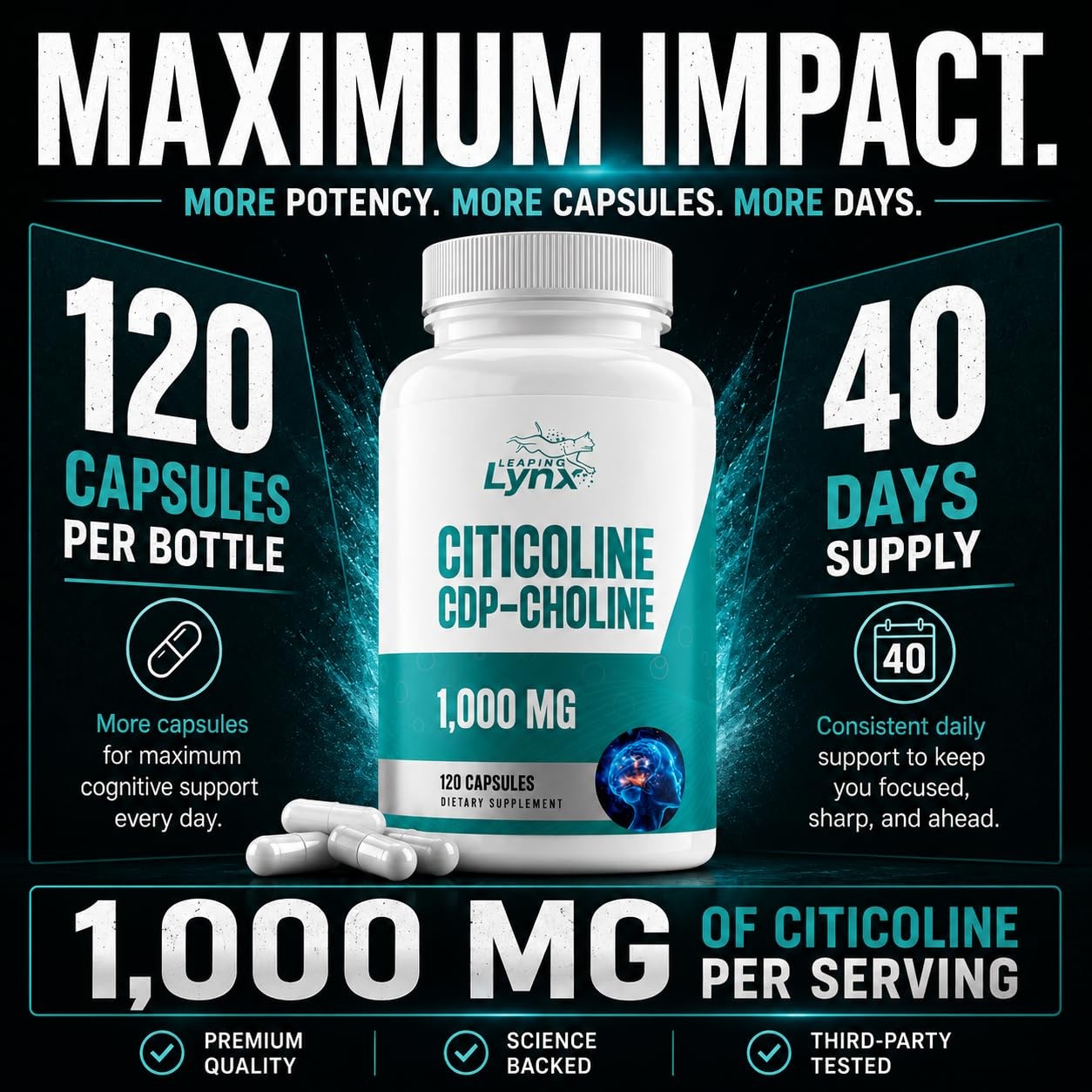 Leaping Lynx Citicoline 1000 mg (CDP Choline) Capsules 120 Count (Pack of 1)