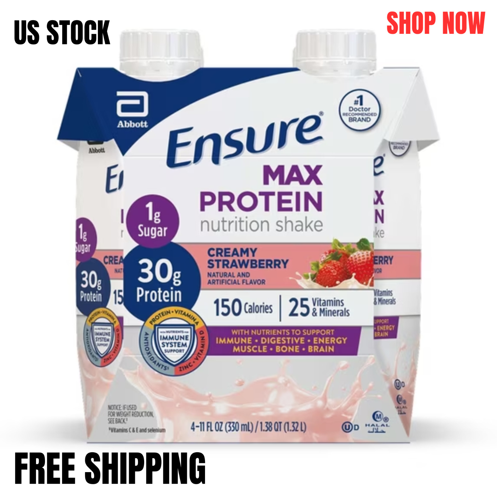 Ensure Max Protein Shake, 30g Protein, Creamy Strawberry, 11 fl oz, 4 Pack