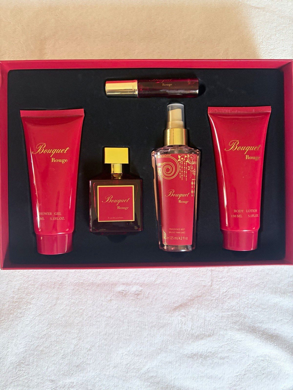 Bouquet Rouge 5pc Gift Set 3.4 fl oz EDP Spray, Body Mist, Lotion, Shower Gel