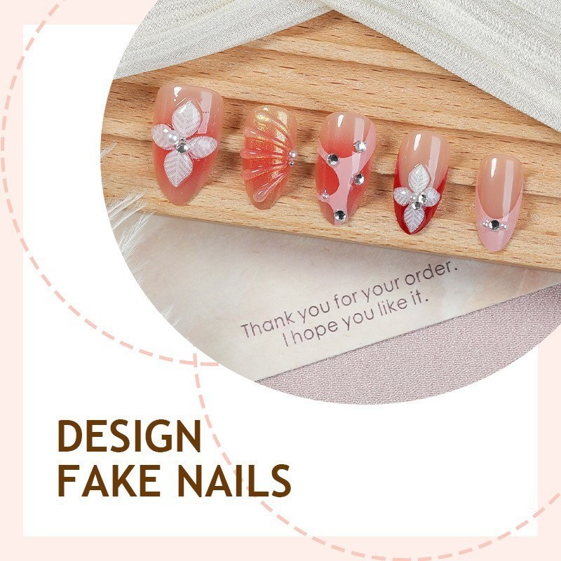 30Pcs-Peach Red Ombre 3D Shell Flower Almond Press on Nails Pearl Rhinestone Tip