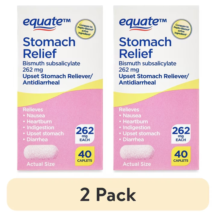 2 pack Equate Bismuth Caplets for Upset Stomach and Diarrhea Relief, 262mg, 40 C