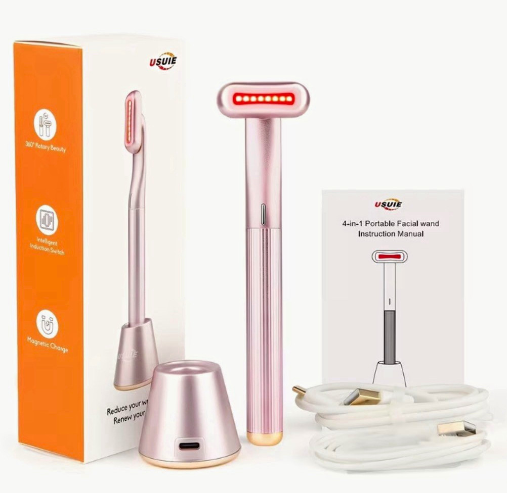 USUIE 4-in-1 Facial Wand Massager Pink Red Light Therapy USB Charging Face/Eyes