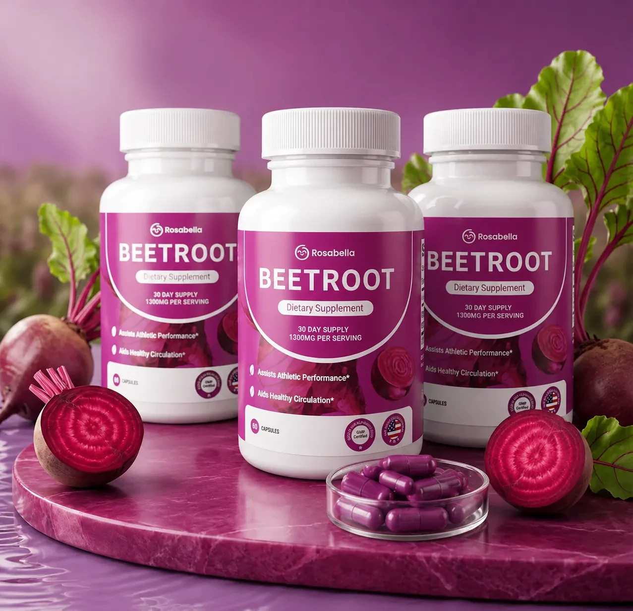 3PCS Rosabella Organic Beet Root 60 Capsules Natural Energy Boost Blood Pressure