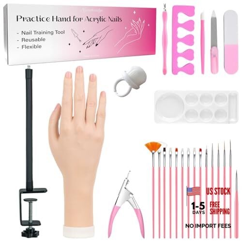 Practice Hand for Acrylic Nails, Flexible Bendable Fake Hand with Clamp Stand