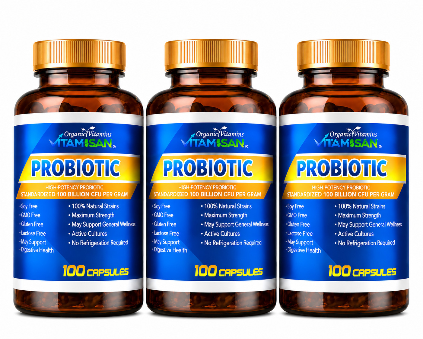 3 Bottles Probiotic 100 Billion CFU 100 Capsules Each Gut Health Wellness