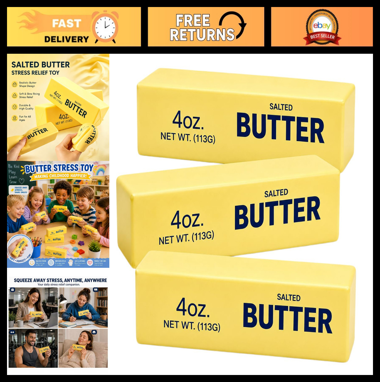 3PCS Soft Butter Squishy Stress Relief Toy, Realistic Fidget Squeeze for Anxiety