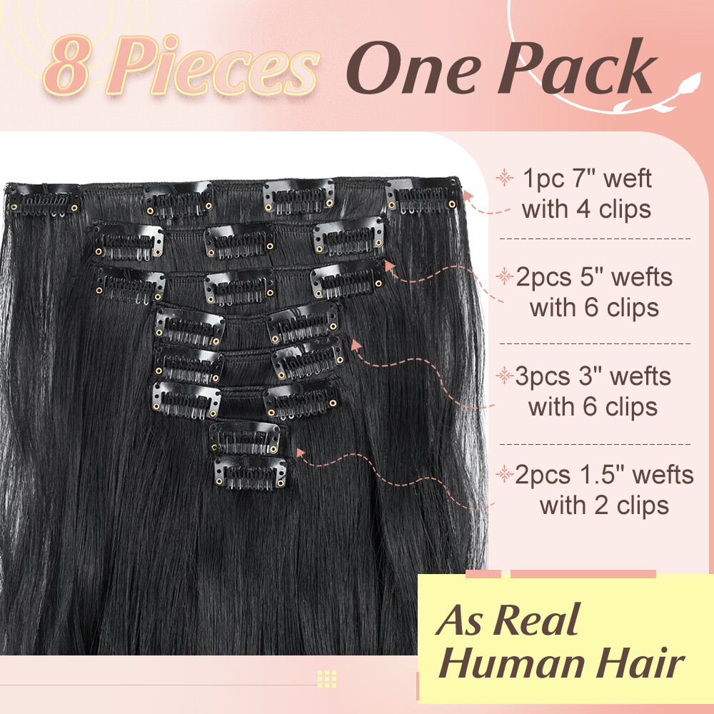 US 8 Pieces Clip In Hair Extensions Full Head Natural As Human Real Thick Wavy