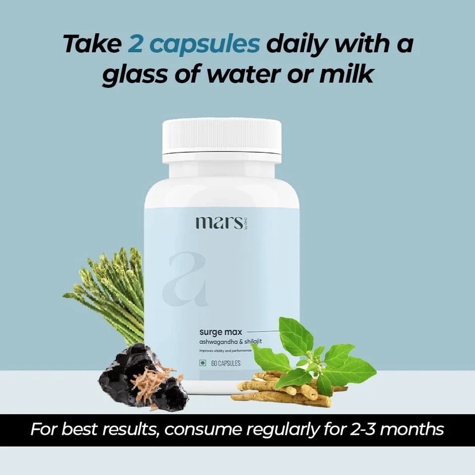 Mars by GHC Surge Max Contains Shilajit, Ashwagandha, 60Cap Pack of 1.