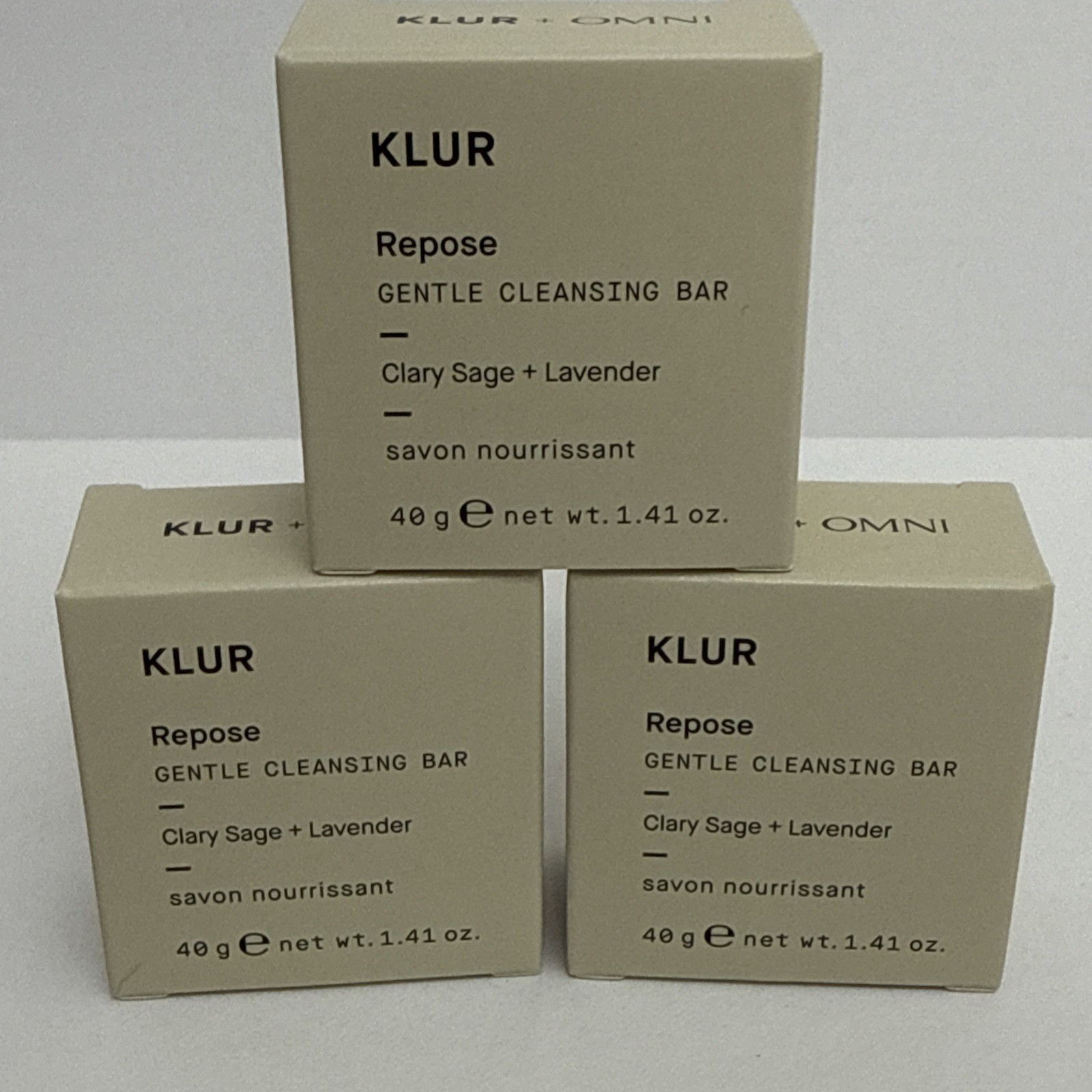 3 X KLUR Repose Gentle Cleansing Bars – Clary Sage + Lavender – 40g/1.41 Oz