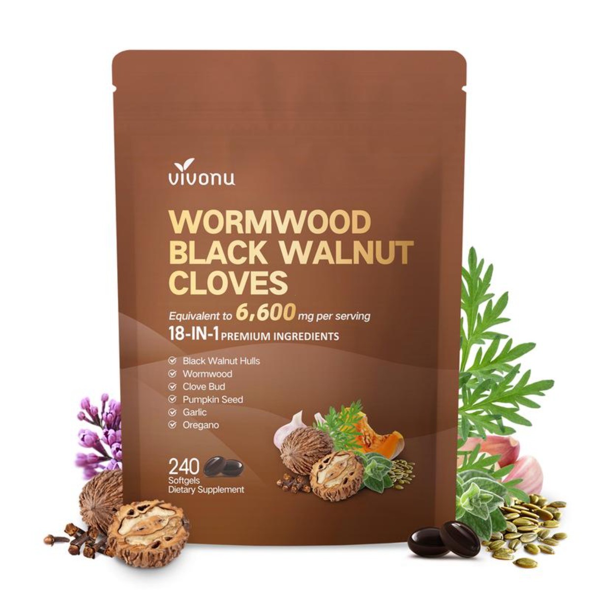 Wormwood Black Walnut Clove Softgels,18-in-1 Herbal 6600mg Gut Cleanse,240 Count