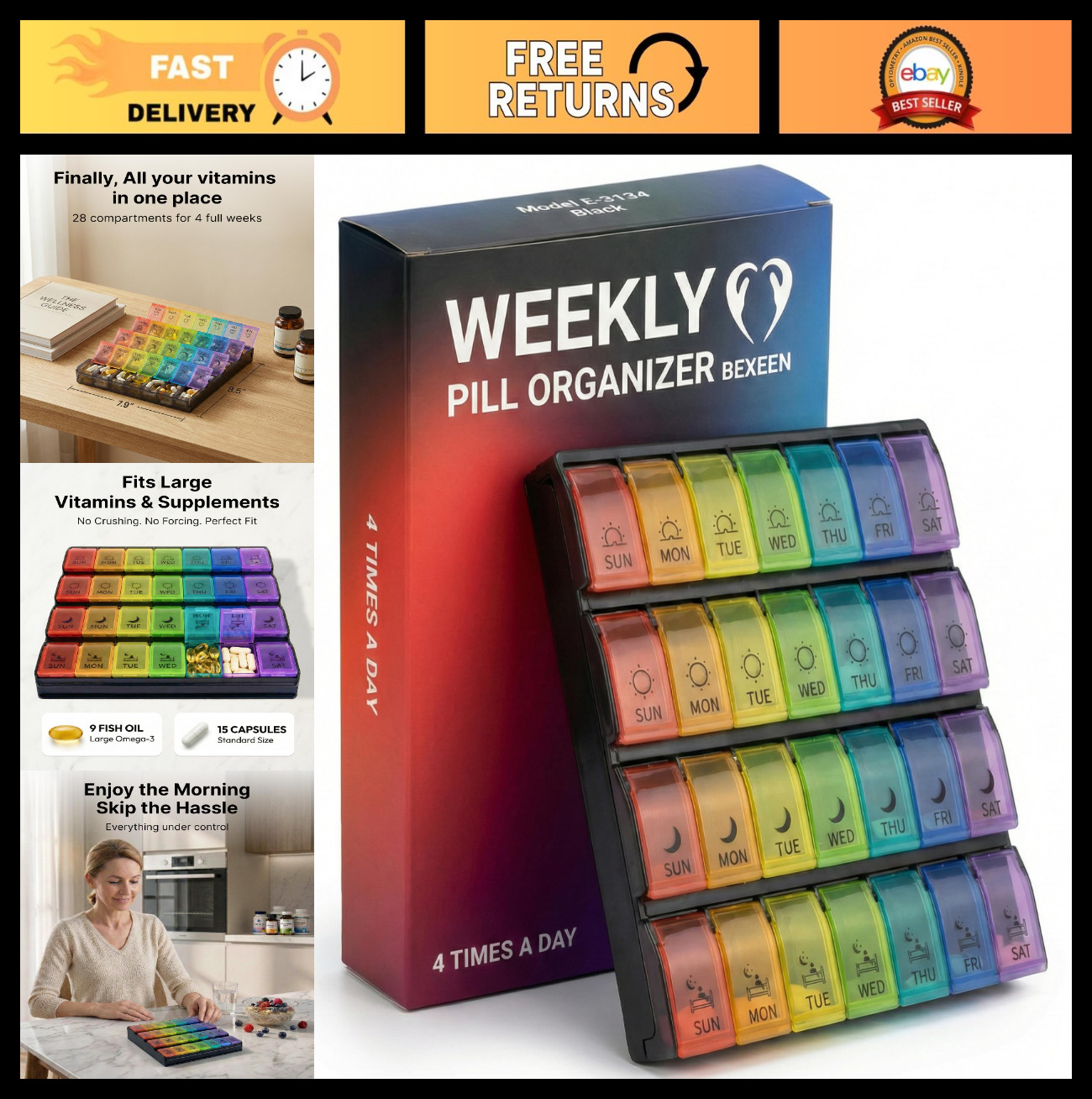 Extra Large Weekly Pill Organizer – 4 Times a Day, 28 Compartments, Quick-Fill D