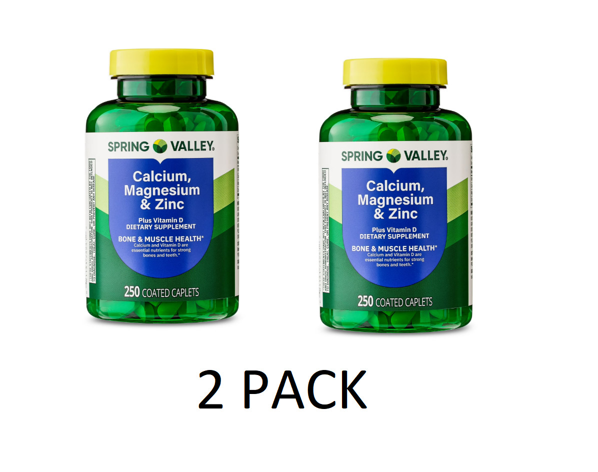 2 PACK Spring Valley Calcium, Magnesium & Zinc Plus Vitamin D3 Coated Caplets