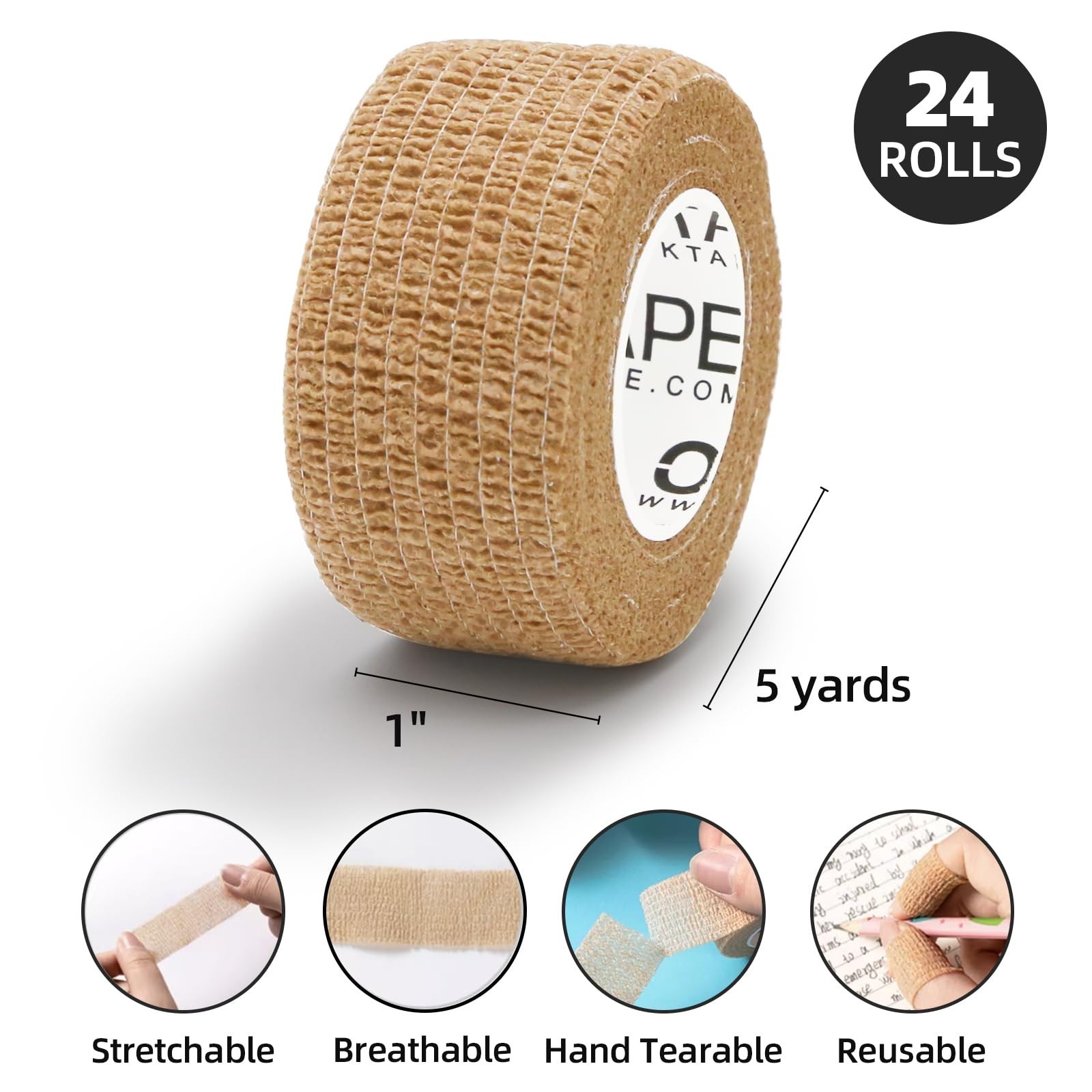 Self-Adhesive Cohesive Bandage Wrap – 24 Packs, 1″ x 5 Yards, Non-Woven Vet Tape