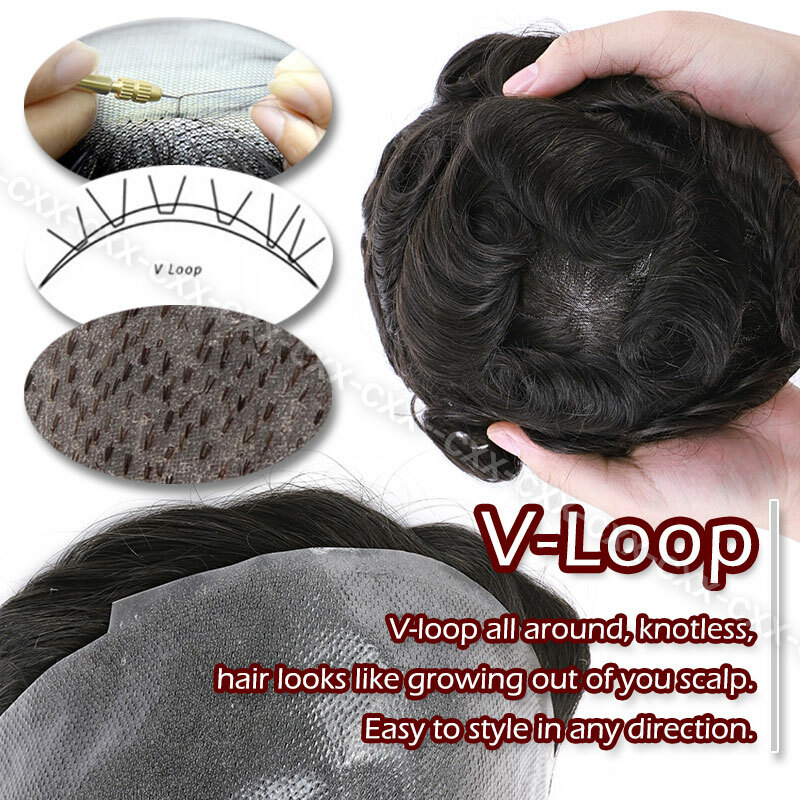 Mens Human Hair Replacement Ultra Thin Skin Toupee Hairpiece PU System Wig Bald