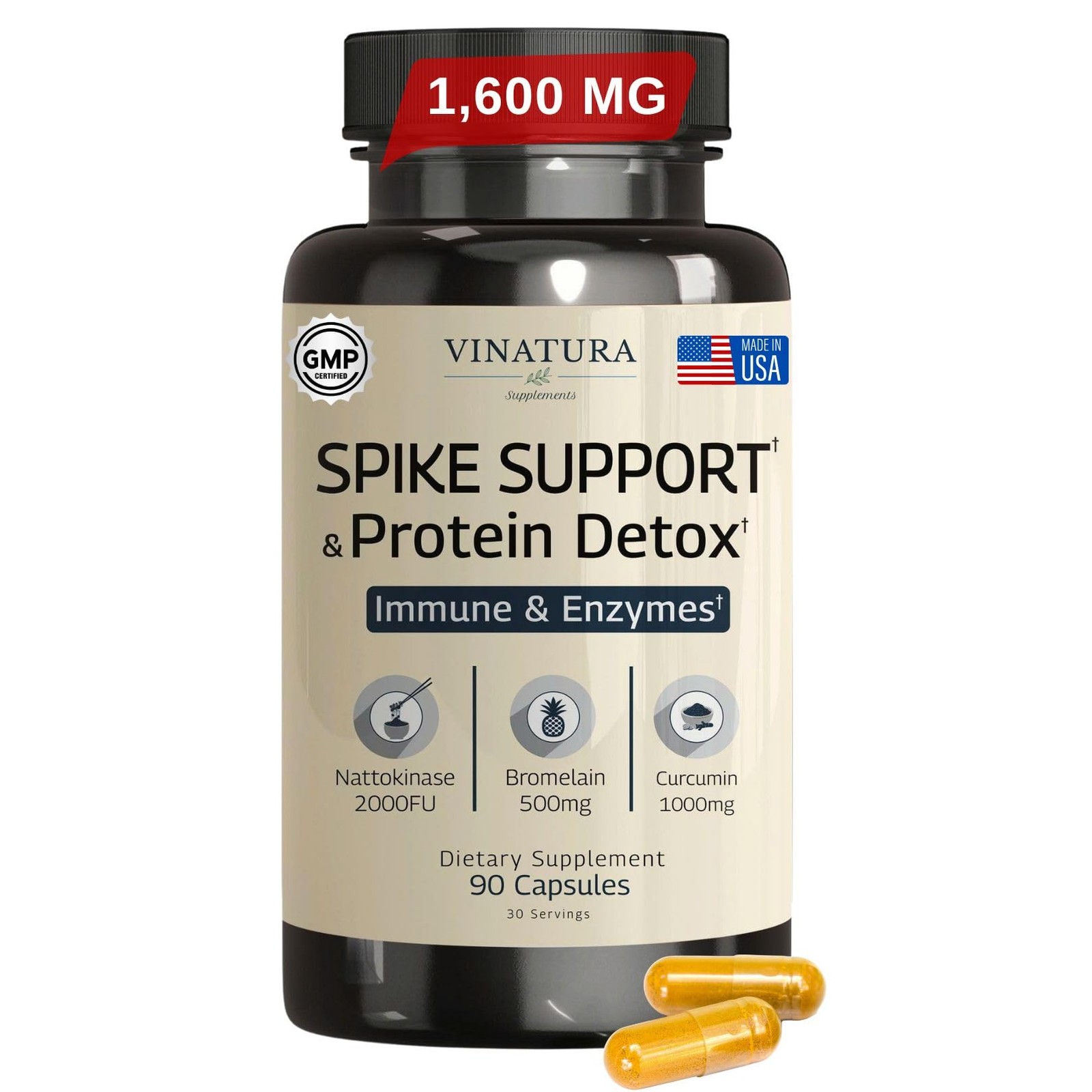 Spike Protein Detox Supplement – Curcumin, Bromelain Nattokinase – 90 Capsules