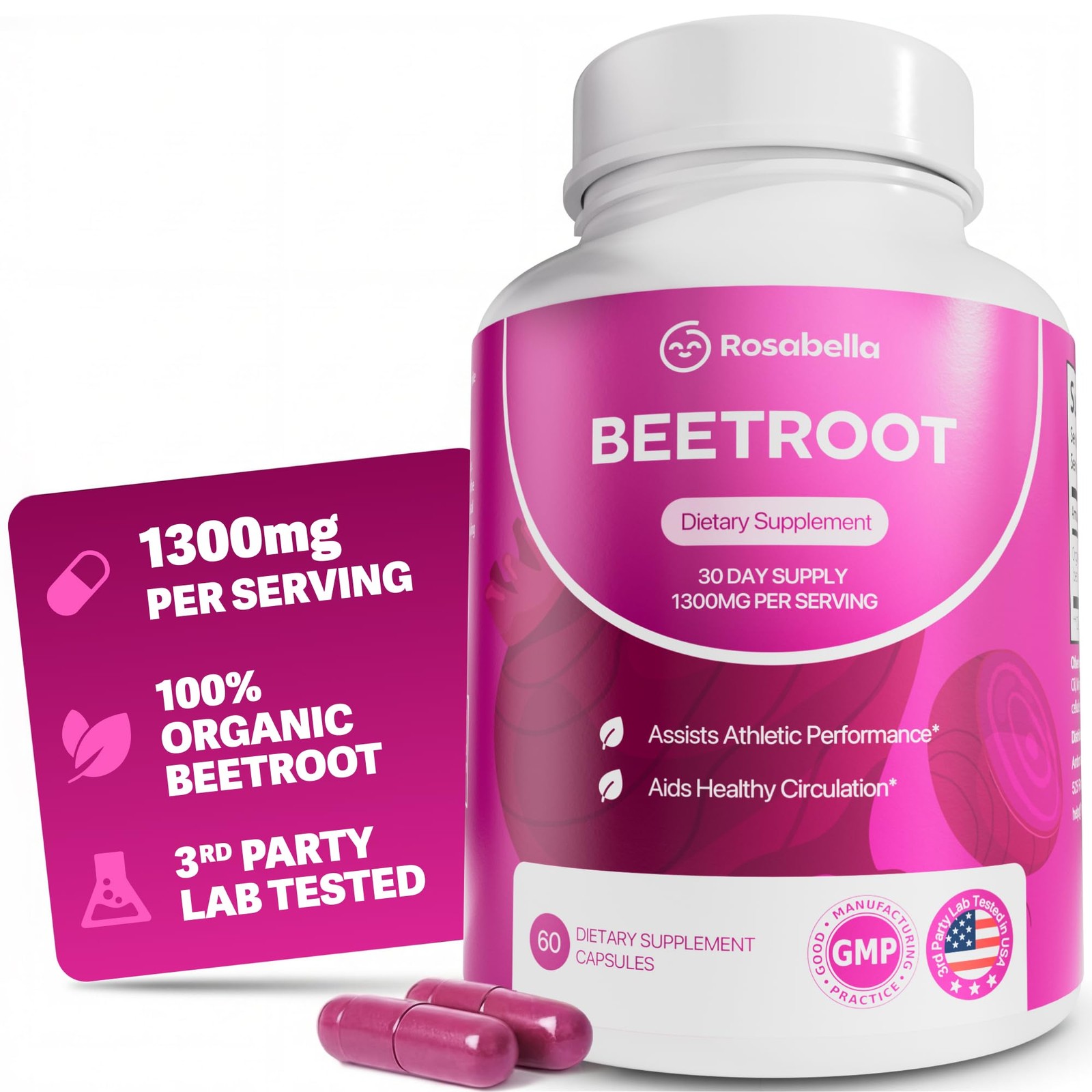 Rosabella Organic Beet Root Capsules Non-GMO Beet Root Supplement – 60 Capsules