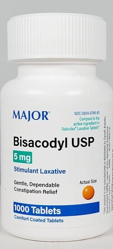 2 Pack Major Bisacodyl 5 mg 2000 Coated Tablets -Expiration Date 02/2026