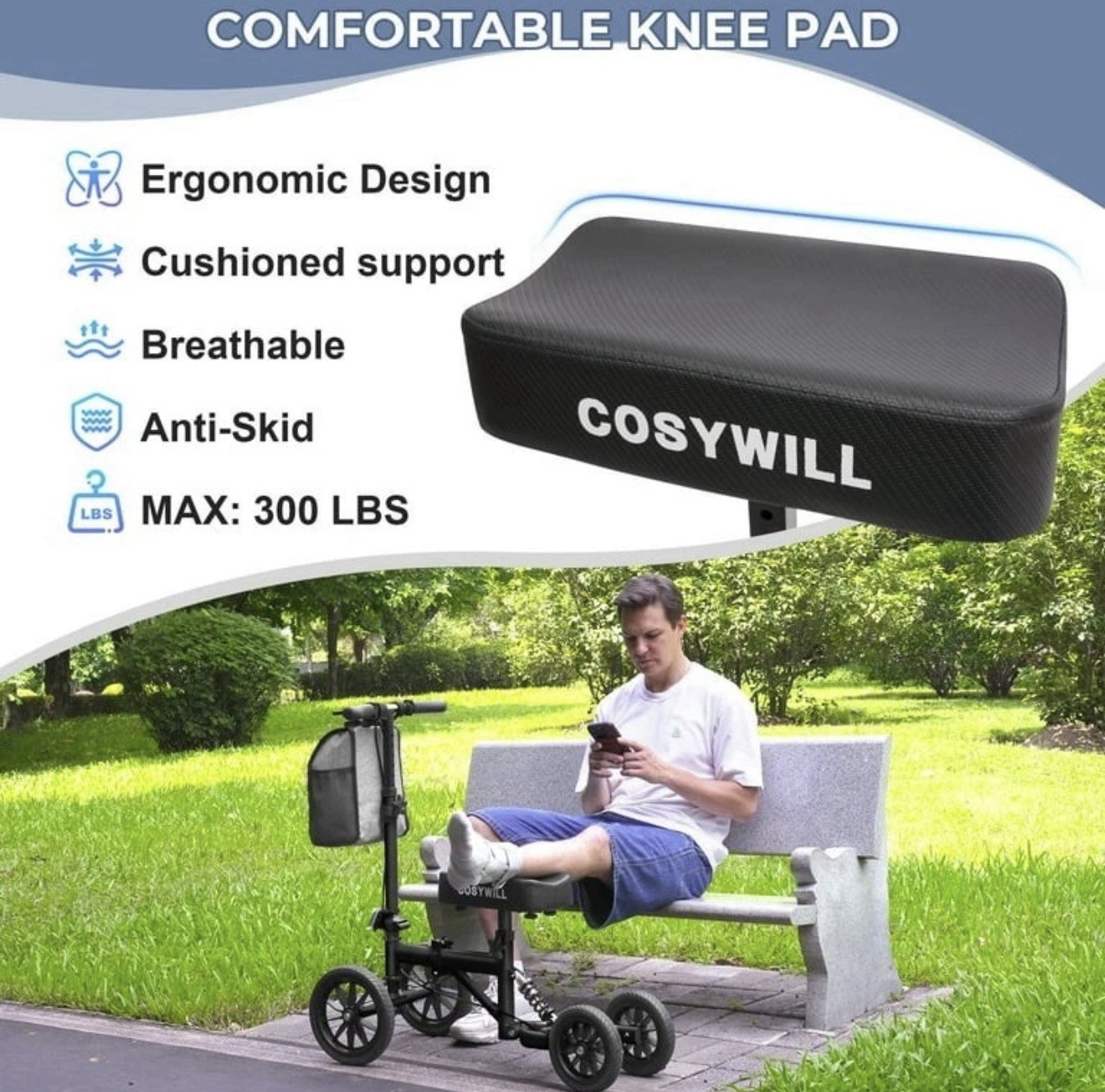 COSYWILL HCT-9154 4-Wheel Foldable Knee Walker Scooter w/ Bag 300 lb