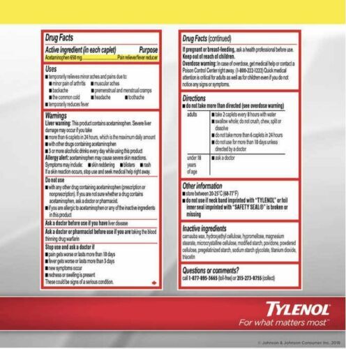 Tylenol 8 Hour Pain Reliever & Fever Reducer Acetaminophen Caplets 650 mg 100 Ct