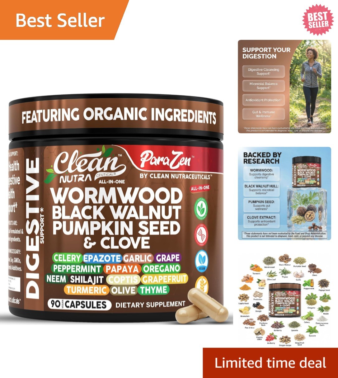 Clean Nutra Wormwood Black Walnut Pumpkin Seed Clove Oil Celery Garlic Grape Pap