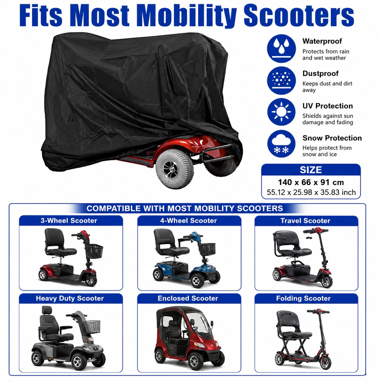All Weather Mobility Scooter Cover 55in Heavy Duty Wheelchair Rain Dust UV Guard