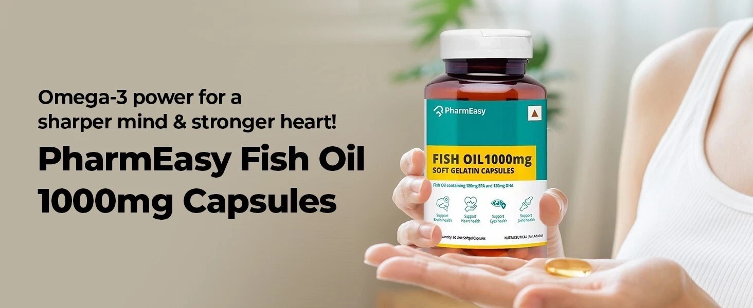 PharmEasy Fish Oil 1000mg Omega-3 Capsules 4 Heart Brain Skin Joints, Pack of 60