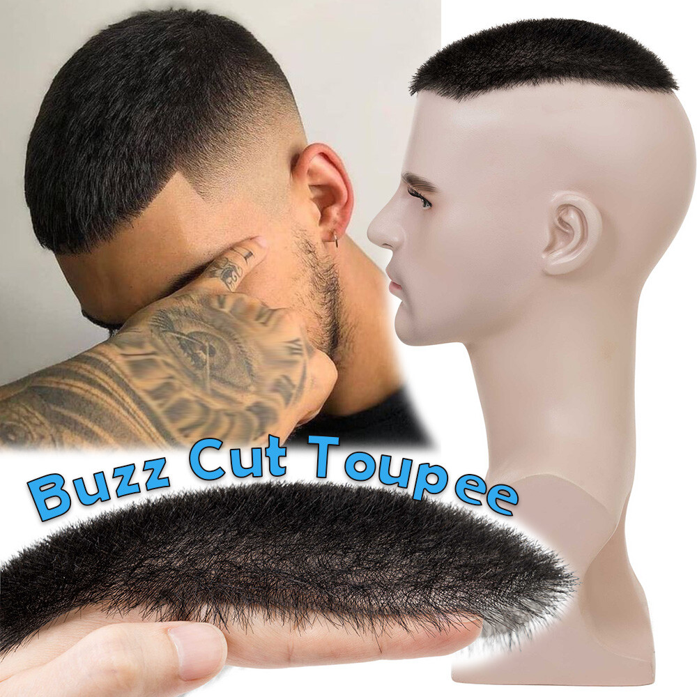 Mens Buzz Cut Toupee Ultra Thin Skin Virgin Human Hair PU Wig Replacement System