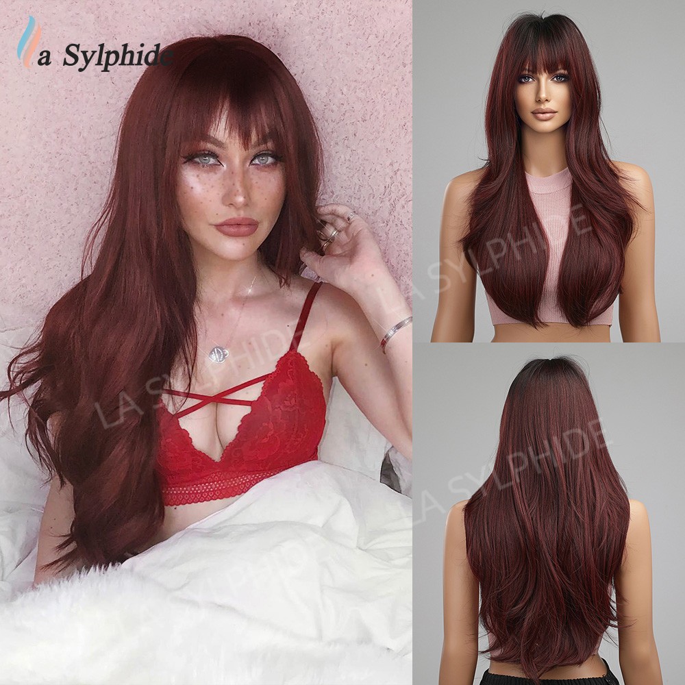 Burgundy Brown Ombre Golden Long Curly Full Wig With Bangs Heat Resistant
