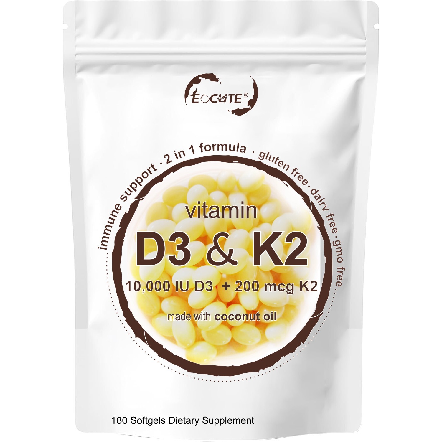 D3 Vitamin 10000 iu Plus K2 (MK-7) 200 mcg, 180 primary coconut soft capsule oil