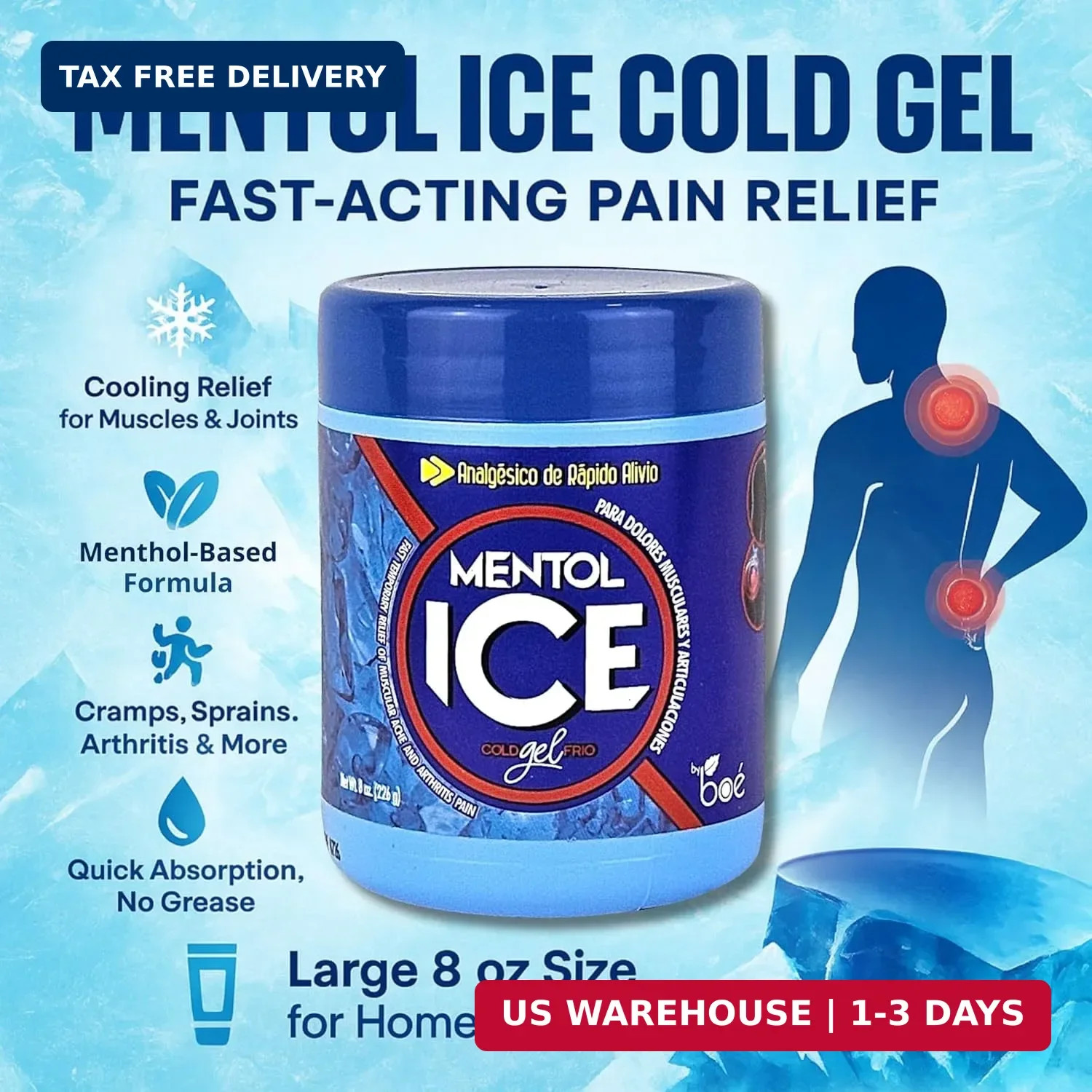 Gel Mentol Frío para Dolor Muscular y Articulaciones Alivio Rápido Artritis 8 oz