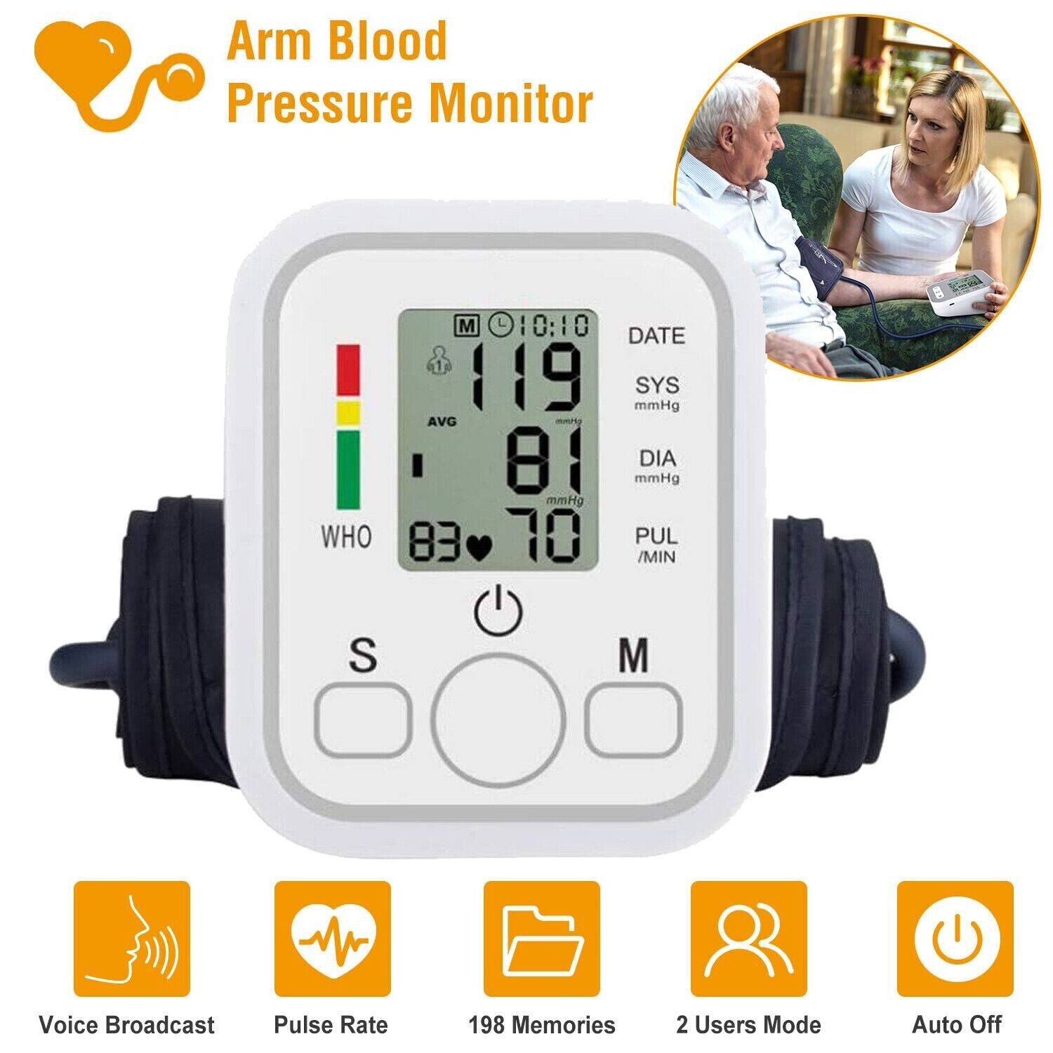 Digital Automatic Blood Pressure Monitor Upper Arm BP Machine Heart Rate HP