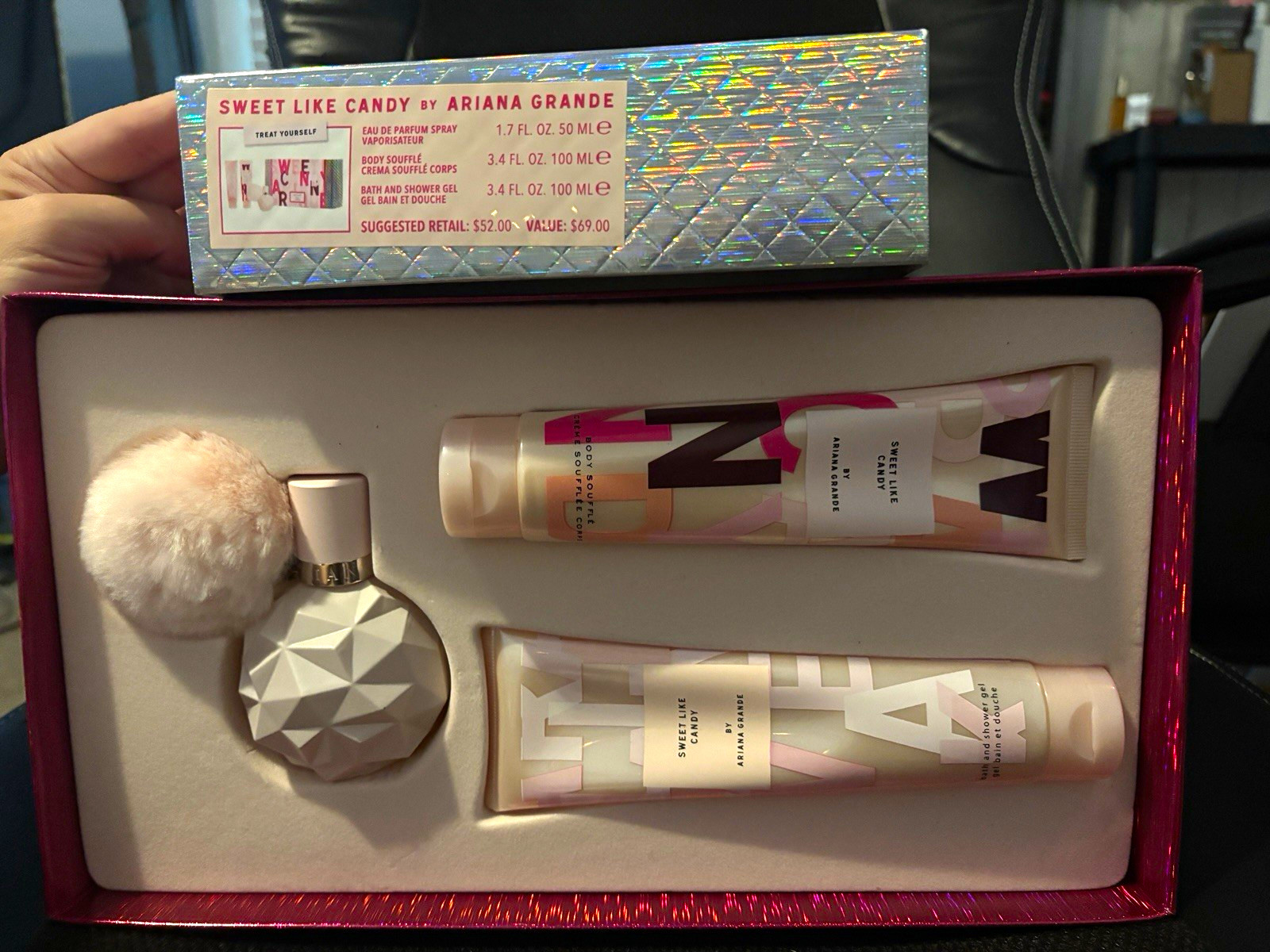 Ariana Grande Sweet Like Candy Gift Set EDP Spray 1.7oz + 3.4oz Souffle/Gel