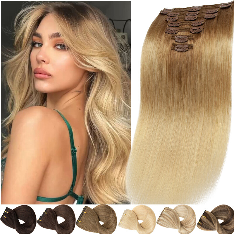 170G REAL THICK Double Weft Full Head Clip In Human Hair Extensions 10″-24″ Long