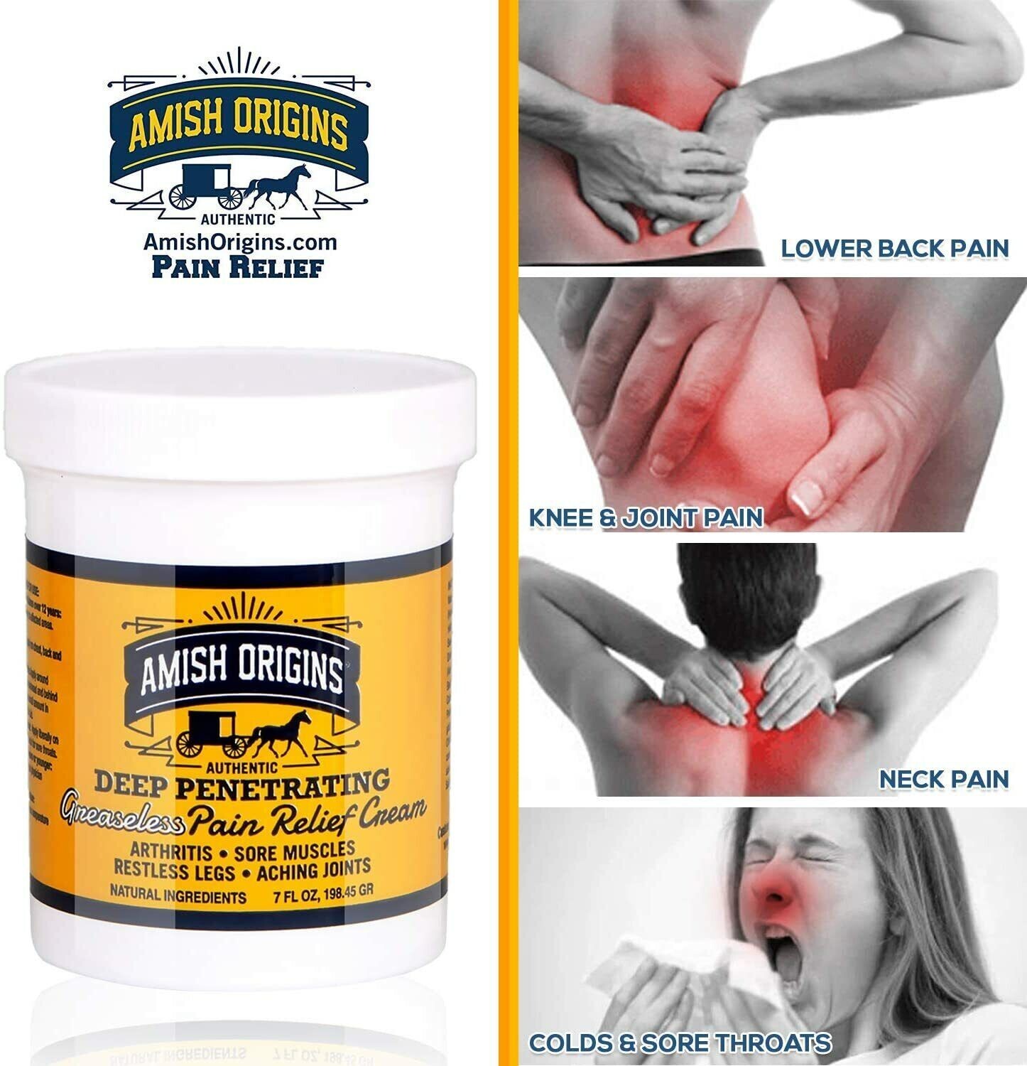 Amish Origins Deep Penetrating Pain Relief Cream Restless Legs Arthritis 14 oz