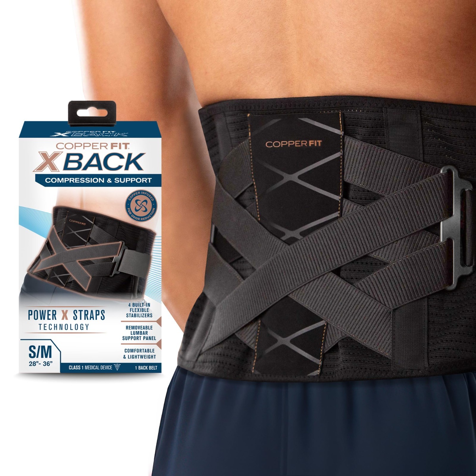 Adjustable Copper Fit X-Back Brace for Lower Back Pain Relief, Lumbar Support, S