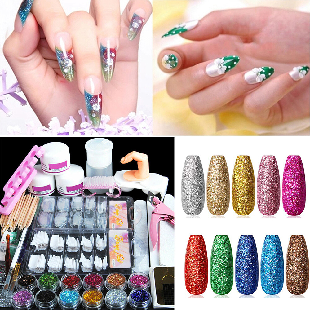 Acrylic Nail Kit Acrylic Powder Glitter Nail Art Manicure Tool Tips Brush Set US