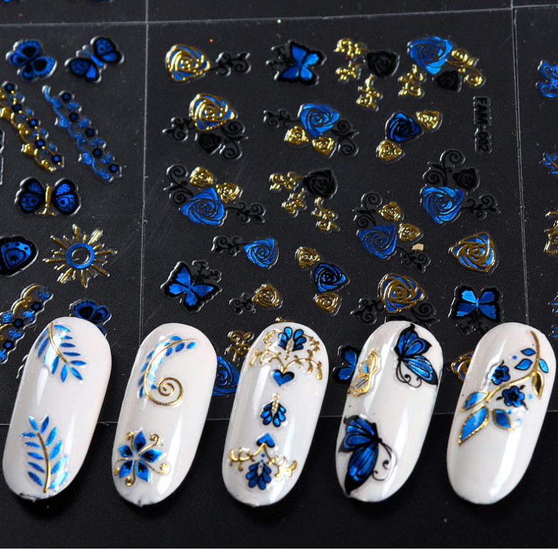 10PCS Nail Art Stickers Gold Blue Lace BUTTERFLY ROSE FLOWER Slider #9